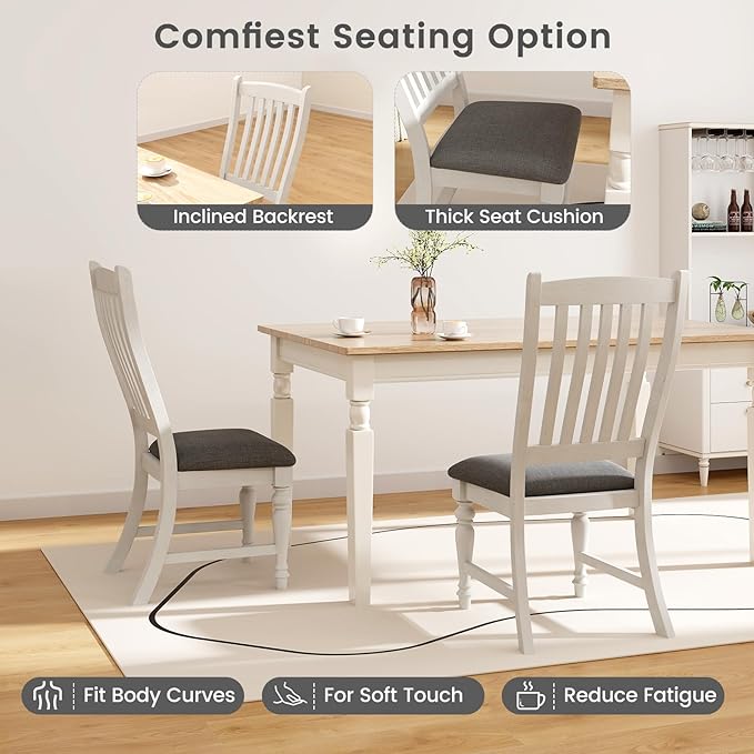 Giantex Wood Dining Chairs Set of 2, Farmhouse Kitchen Chairs with Solid Wood Frame, Max Load 355 Lbs, Armless Upholstered Dining Side Chairs with Cushion Seat, Slat Back Dining Room Chair, White