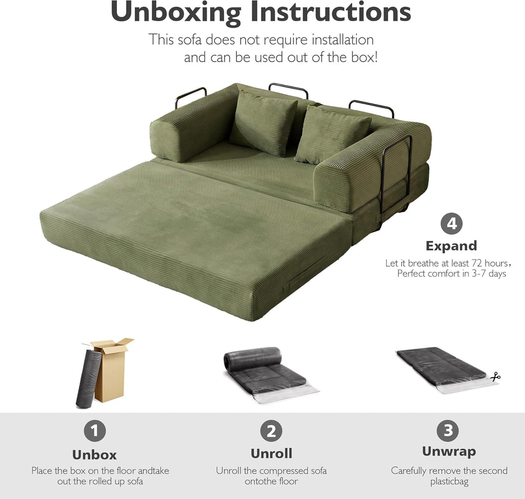 59in Boneless Couch Convertible Futon Sofa Bed Queen for Small Space | Corduroy Boneless Sleeper Sofa, Pull Out Modular Couch, Apartment Friendly for Study Room & Living Room, No Assembly | Green