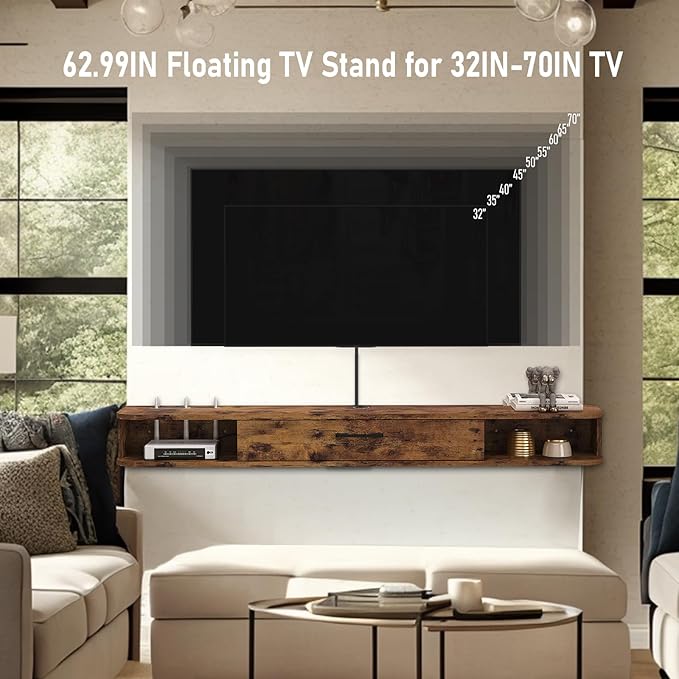 Floating TV Unit, 63'' Wall Mounted TV Cabinet, Floating Shelves with Door, Modern Entertainment Media Console Center Large Storage TV Bench for Living Room & Office (62.99IN, Rustic Brown)