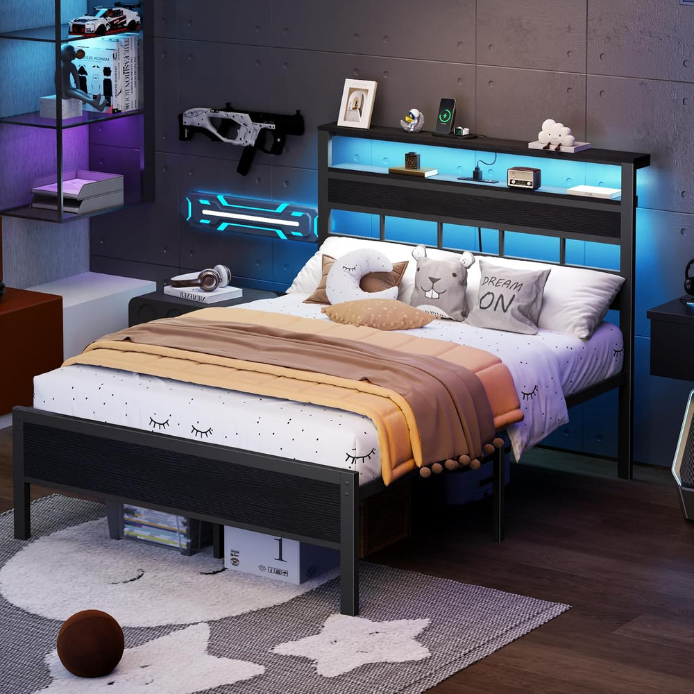 Furnulem Full Size Bed Frame, Storage Headboard, LED & Charger, Black Oak