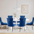 Velvet Upholstered Dining Chairs Set of 6, Modern Style Kitchen Side Chairs with Nailhead Trim and Silver Plated Leg, Metal Pulling Ring for Dining Room Living Room(Blue-Silver Plated Leg)
