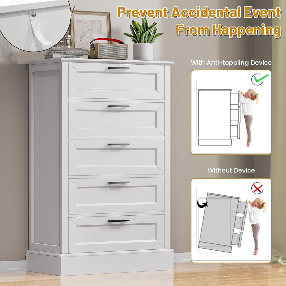 ZLWJGY White Dresser for Bedroom, Wood Dresser with 5 Drawers, Chest of Drawe...