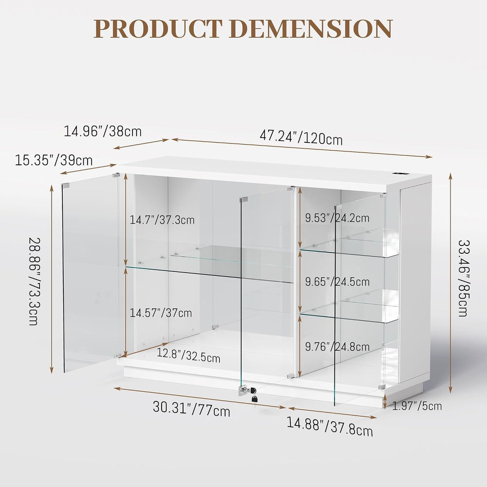 Gurexl 47.2" W Glass Display Cabinet with 3-Color LED Lights, 5-Tier Loc...