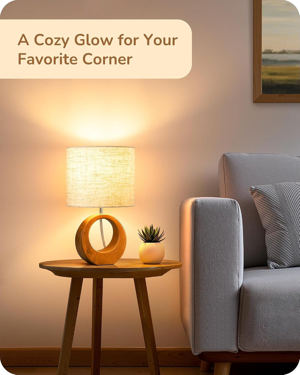 EDISHINE Small Wood Table Lamp, Nightstand Lamp, ON-Off Switch, Living Room