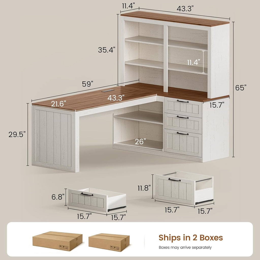 SEDETA Farmhouse L Shaped Computer Desk, 59'' Wood Office Desk with 3 Drawers and 5-Tier Bookshelf, Corner Desk with Storage Shelves and Power Outlet for Home Office Small Space, Vintage White + Brown