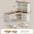 SEDETA Farmhouse L Shaped Computer Desk, 59'' Wood Office Desk with 3 Drawers and 5-Tier Bookshelf, Corner Desk with Storage Shelves and Power Outlet for Home Office Small Space, Vintage White + Brown