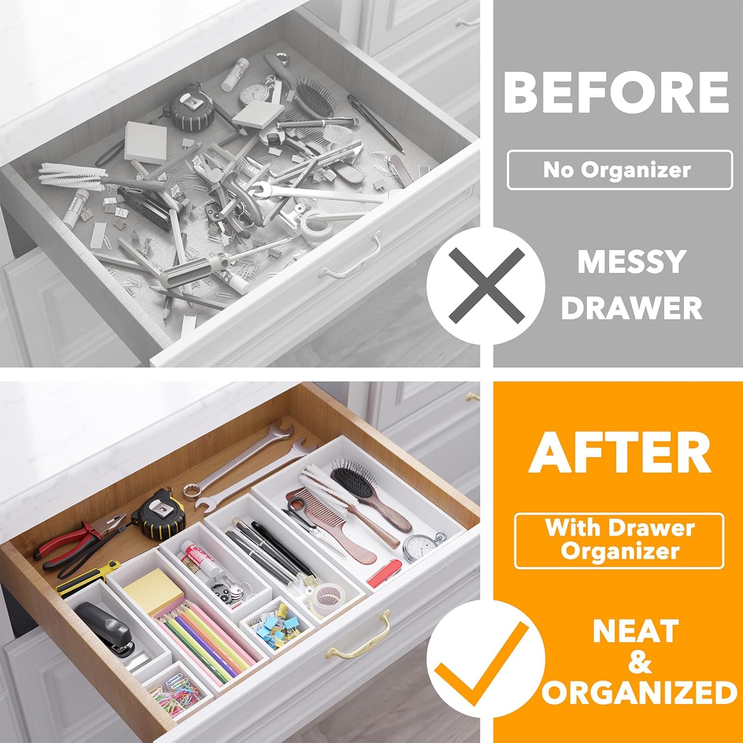 SpaceAid 7-Piece Bamboo Drawer Organizer Storage Boxes Set, Wood Tray Junk Drawer Organizers Multi-Use Divider Bins for Kitchen, Bathroom, Office Desk and Makeup Organization (7 Pack, White)