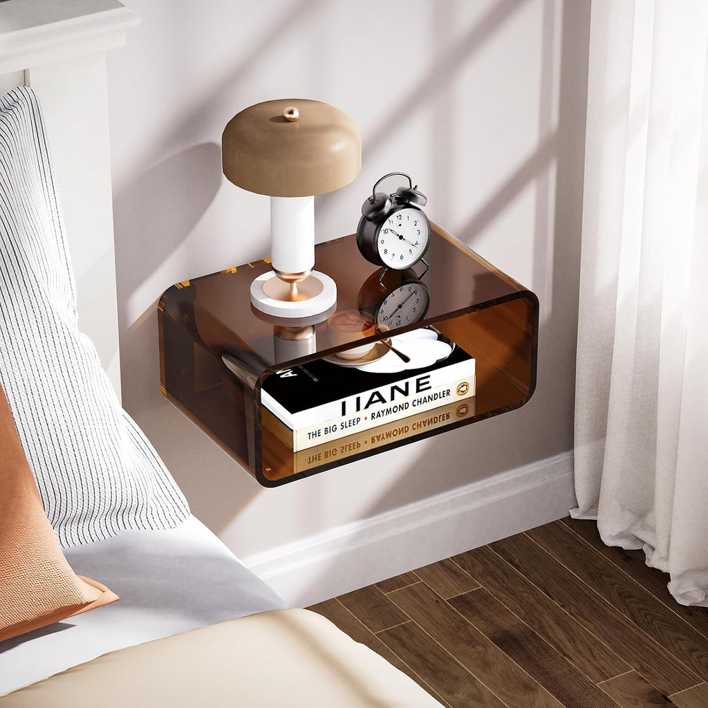 Acrylic Floating Nightstand, Bedside Table, Nightstand Shelf Wall Mounted Bedside Shelf (Dark Brown, Small)
