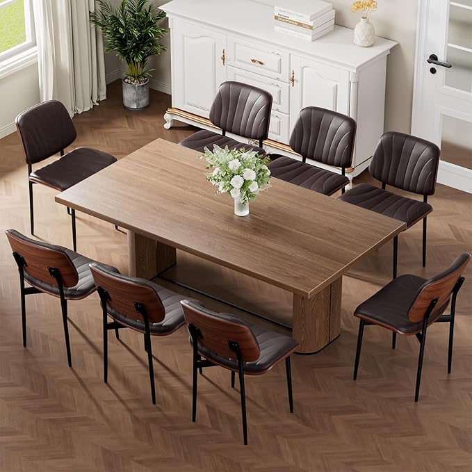 Dining Chairs Set of 8, Mid-Century Modern Upholstered PU Leather Chairs with Walnut Bentwood Back and Metal Legs Adjustable Feet for Kitchen Dining Room, Dark Brown Shell Strips