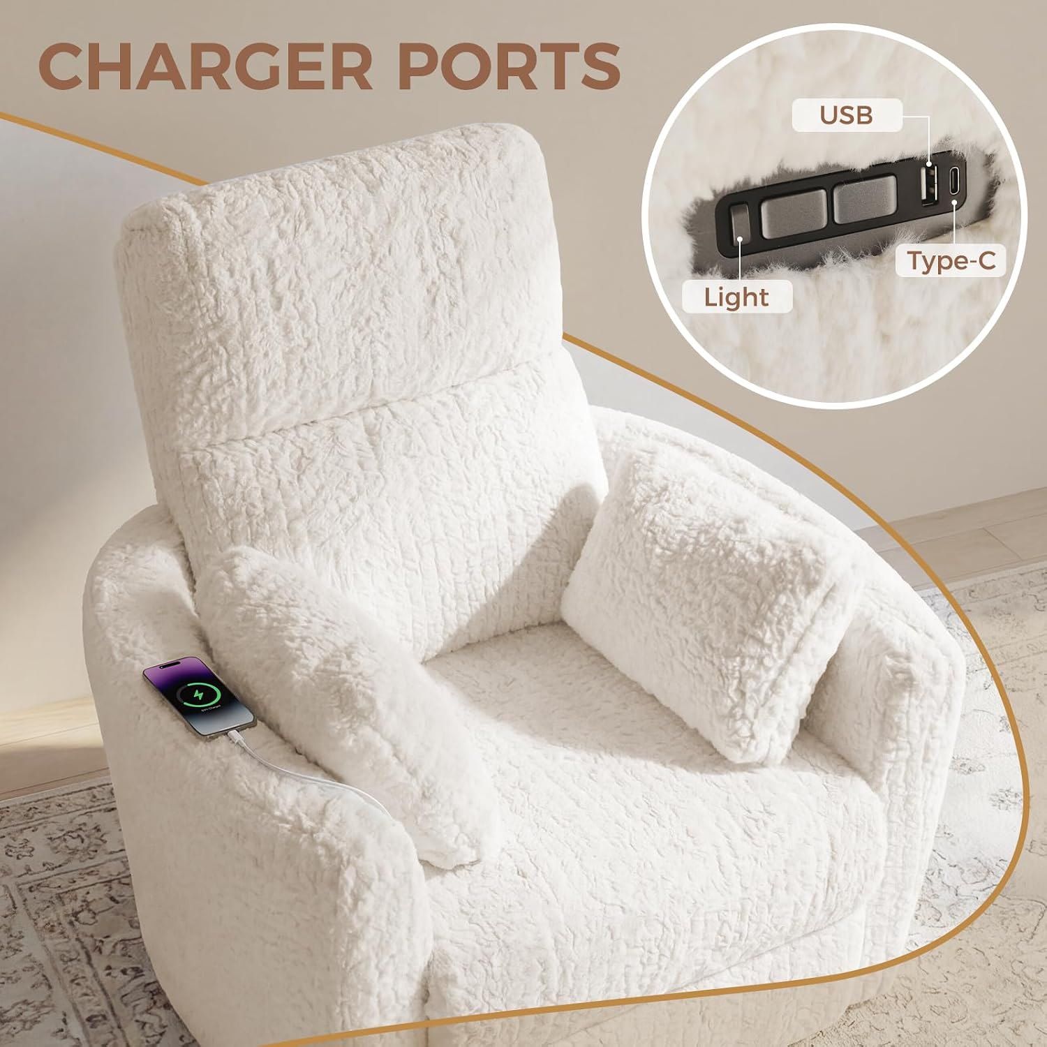 Power Swivel Rocker Recliner, Large Nursery Glider, USB A&C, Beige | Fluffy Plush Nursery Chair w/ 2 Pillows, USB and Type-C Ports, Night Light,for Living Room,Bedroom,Nursery