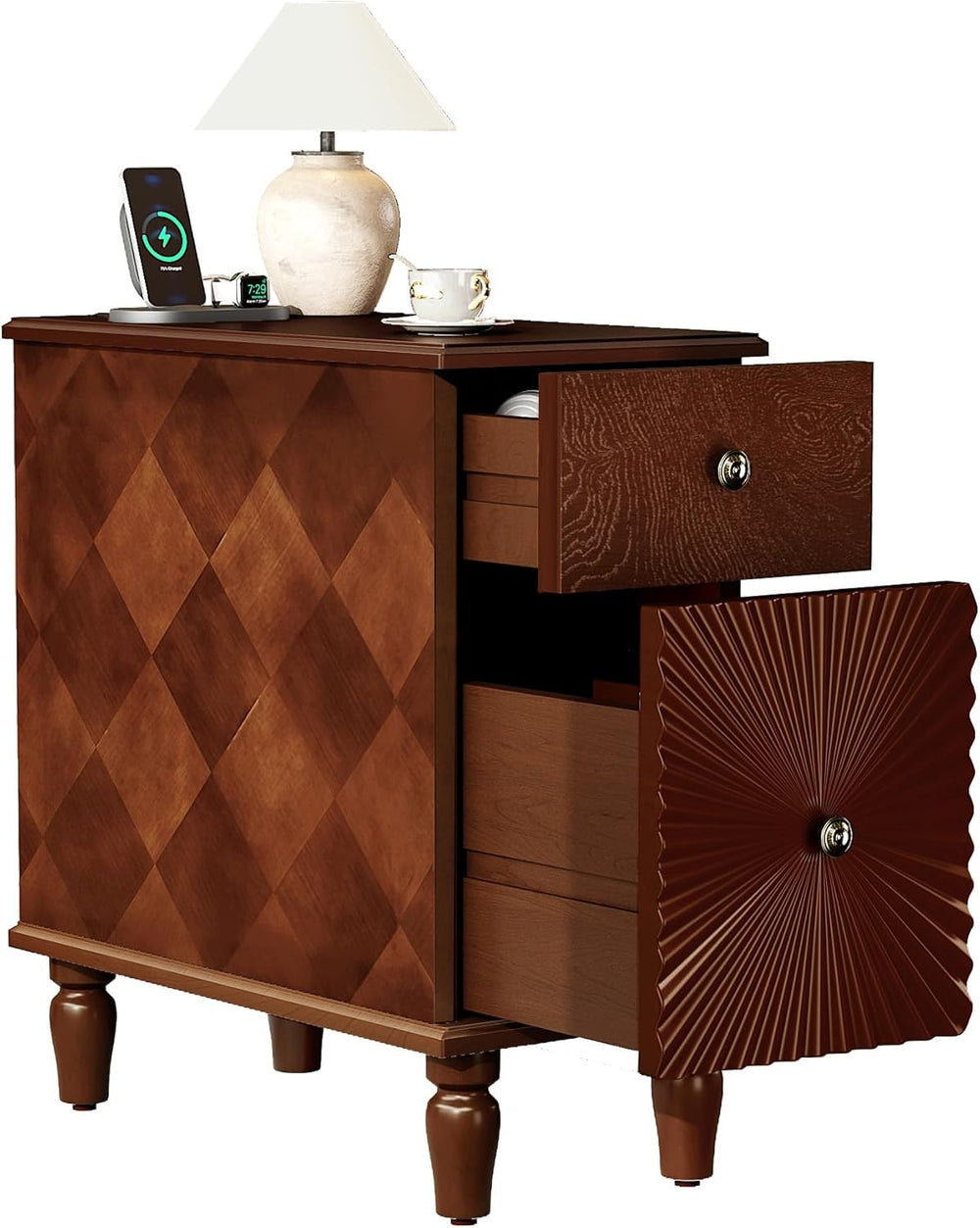 Narrow End Table with Charging Station, Slim Side Table with Drawers for Smal...