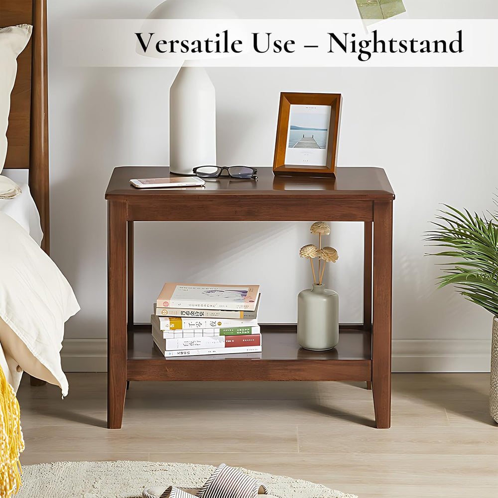 Side Table, Solid Wood Rectangular End Table with Storage Shelf, 2-Tier Coffe...