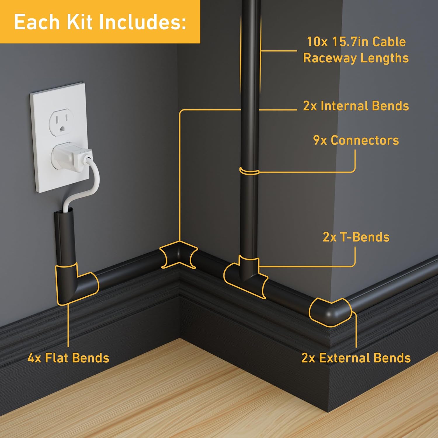 D-Line 157in Cord Cover Kit, Self-Adhesive Wire Hiders, Cable Raceway to Hide Wires on Wall, Electrical Cable Management - 10x 15.7 Lengths & 19 Accessories - 1.18" (W) x 0.59" (H) - Black