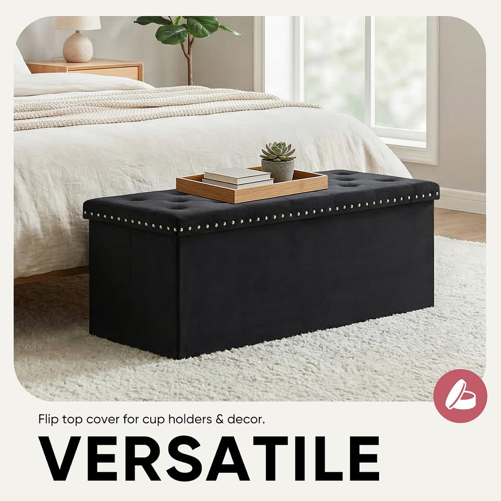 43 Inches Velvet Storage Ottoman Bench, Folding Upholstered Ottoman with Storage for Bedroom Living Room, 140L Capacity