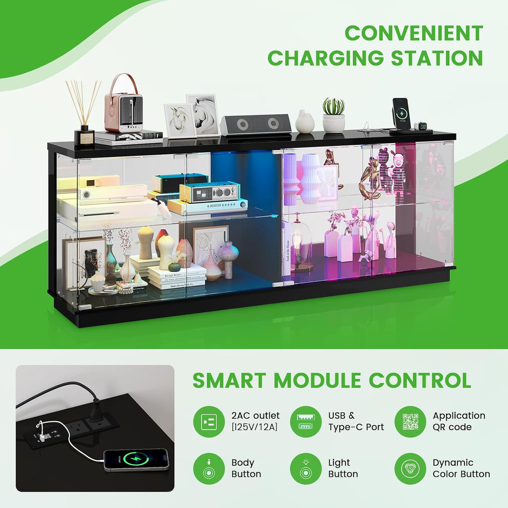 HNEBC Living Room Set, Industrial Coffee Table and TV Stand,2PCS Black | RGB Lights,Charging Station,USB-C,Wireless,2 AC Outlet,Motion-Sensor Lights,Glass doors