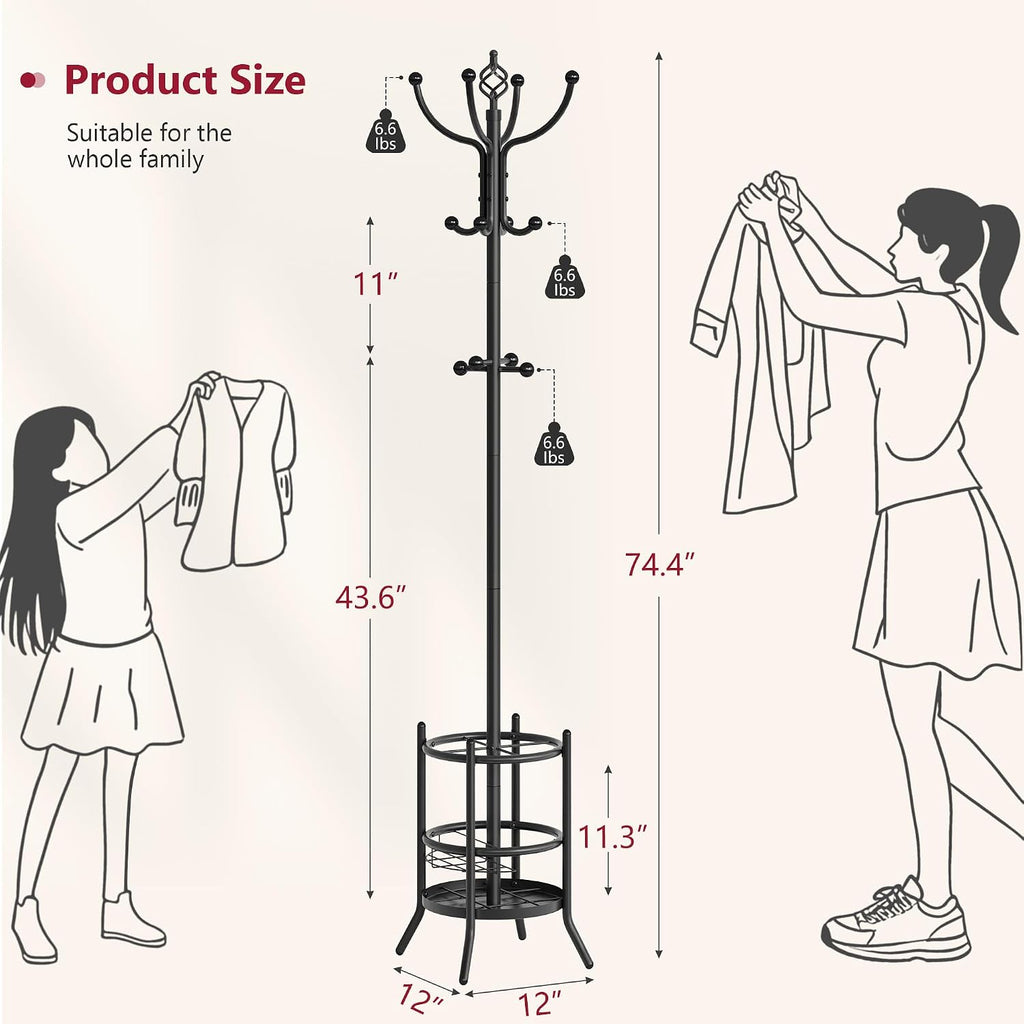Tajsoon Coat Rack Stand with Umbrella Holder, Coat Tree Freestanding with 16 Hooks, Coat Hangers Stand for Living Room, Bedroom, Office, Black