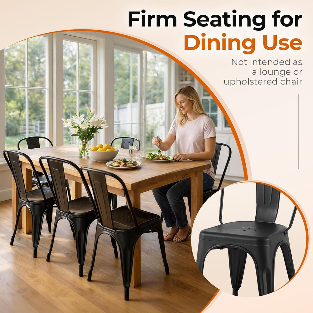 Set of 8 Midnight Black Metal Dining Chairs, Classic Tolix Style Stackable Ki...
