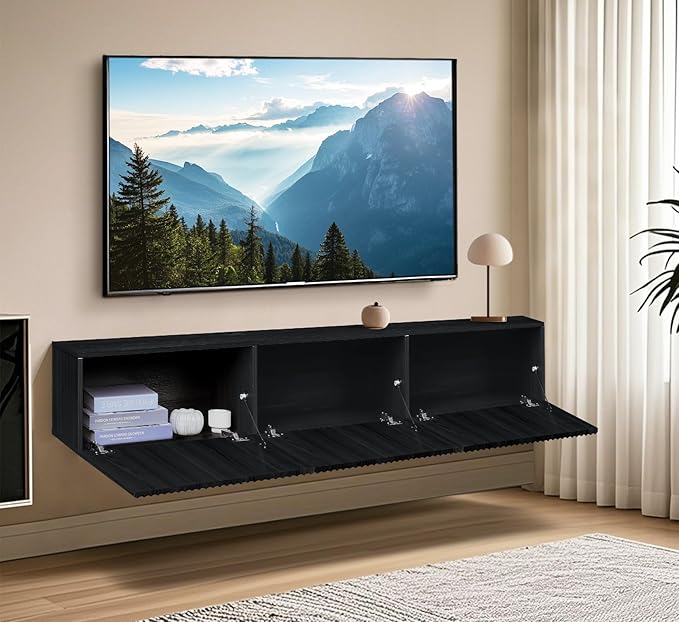 ZYBT Floating TV Stand, Modern Wall Mount Entertainment Center TV Shelf, 70.7" Media Console Under TV Storage Cabinet with Fluted Doors, TV Consoles for Living Room, Floating Cabinet for Wall (Black)
