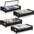LAMU Under Bed Storage with Wheels, 4Pack Underbed Storage Containers,Black | Smooth-rolling Wheels, Clear Lid & Label, Sturdy Metal Frame, Easy Install, Rolling Storage Drawers for Clothes, Shoes, Toys