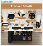 Retro Kitchen Island with Extendable Rotating Tabletop, Power Outlets, Glass Door Cabinets, 4 Drawers, Ships in 2 Boxes (Black & Marble Veneer)