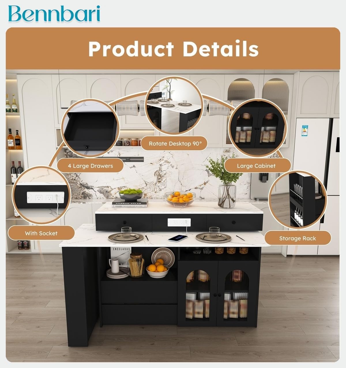 Retro Kitchen Island with Extendable Rotating Tabletop, Power Outlets, Glass Door Cabinets, 4 Drawers, Ships in 2 Boxes (Black & Marble Veneer)