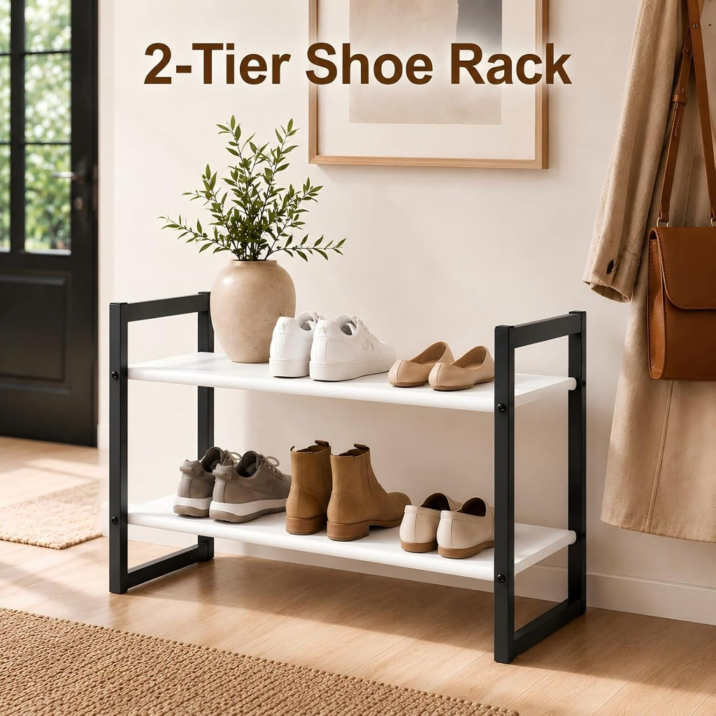 2-Tier Shoe Rack for Closet & Entryway, Stackable Shoe Organizer, Screw-Fastened Metal Frame for Less Wobble, Heel-Friendly Non-Woven Shelves, 11.8" Deep Space-Saving Shoe Storage (Black)