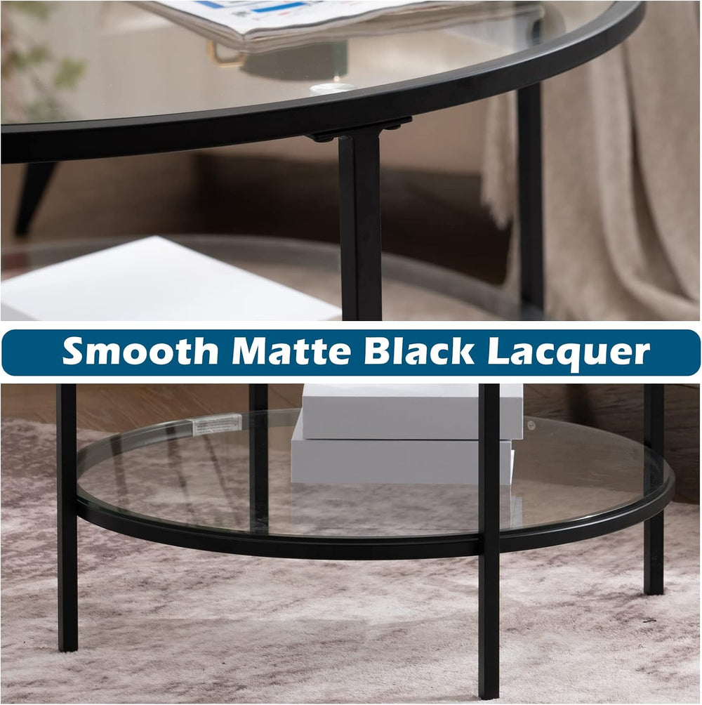VINGLI 25.6" Glass Coffee Table, Round Coffee Tables for Living Room, Black