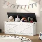 MAHANCRIS 47.2" Storage Chest, Extra Large Toy Box with 2 Safety Hinges, Wooden Toy Chest, Storage Bench with Rivets, Storage Trunk for Bedroom, Living Room, Entryway, White and Black SCBB18501