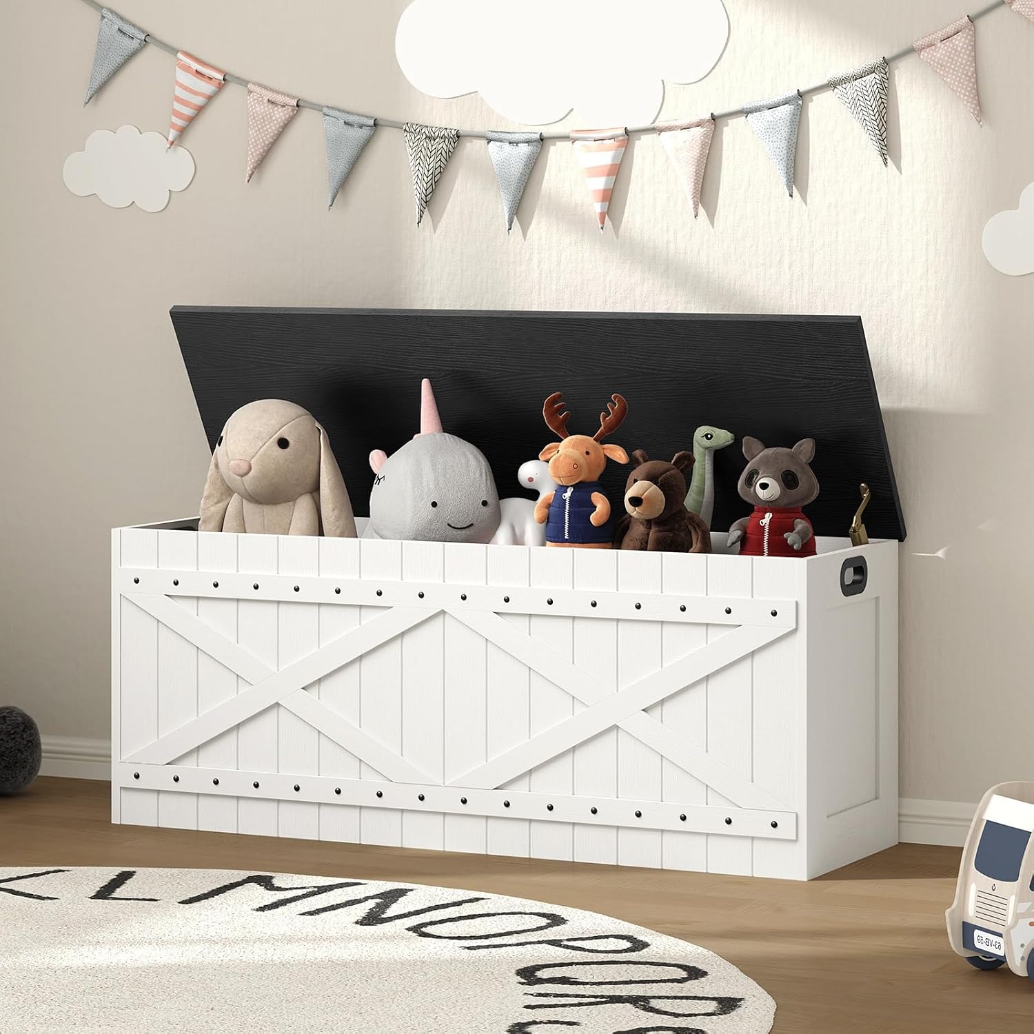 MAHANCRIS 47.2" Storage Chest, Extra Large Toy Box with 2 Safety Hinges, Wooden Toy Chest, Storage Bench with Rivets, Storage Trunk for Bedroom, Living Room, Entryway, White and Black SCBB18501
