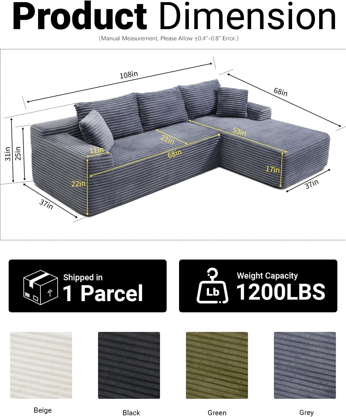 Cloud Sectional Couch, 108 Inch Modern Modular Sectional Sofa with Deep Seat, Corduroy Boneless Couches with L-Shape Right Chaise for Living Room Bedroom, No Assembly Required(Grey)