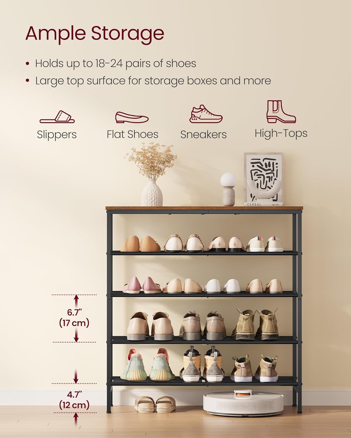 VASAGLE Shoe Rack, Shoe Storage Rack for Closet, Entryway, Living Room, Free Standing Metal Organizer Shelf, 5 Tiers, 11.8 x 29.5 x 34.3 Inches, for 18–24 Pairs, Rustic Brown and Ink Black ULBS050KD01