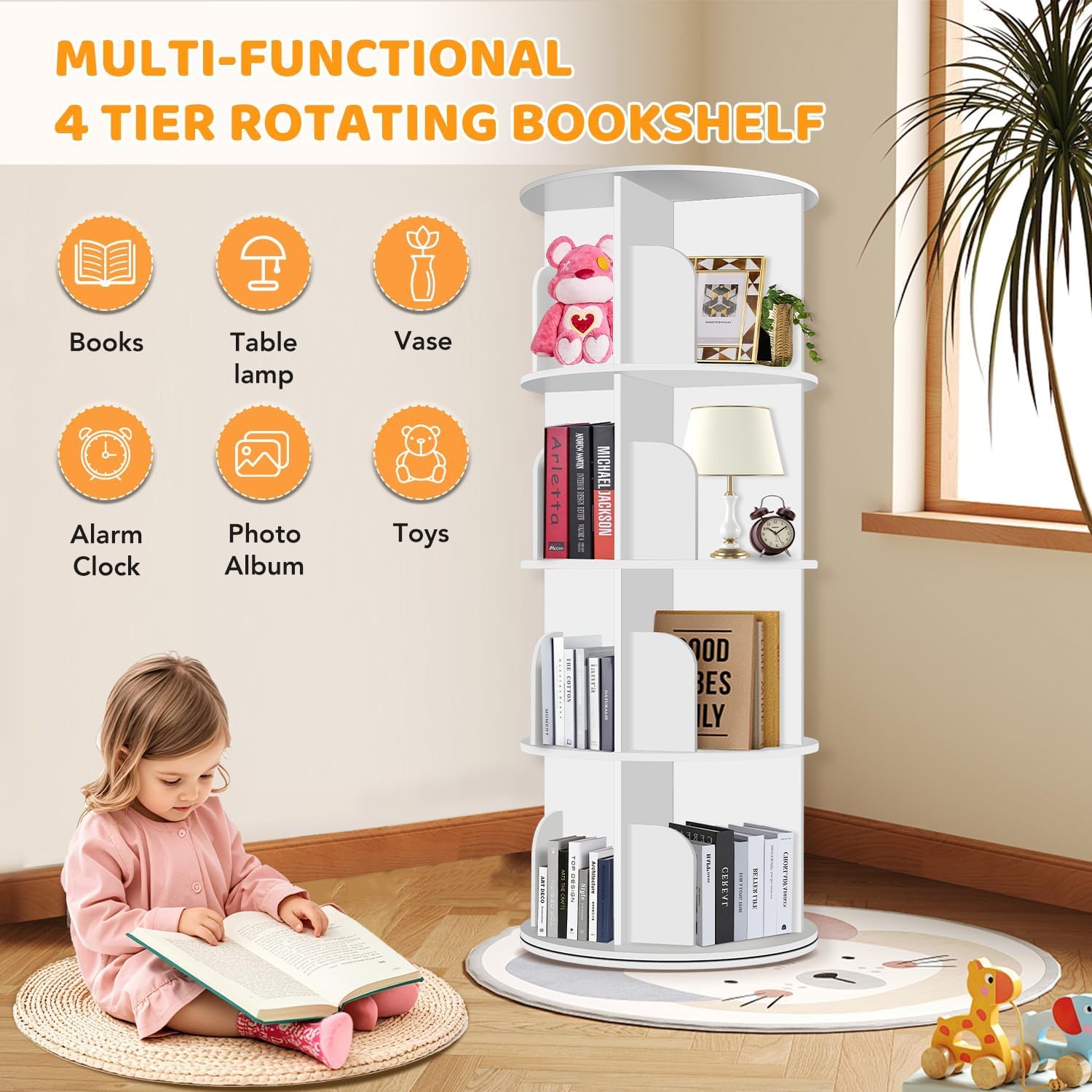 RUNSUNSPRI 4 Tier Rotating Bookshelf Tower, Spinning Bookshelf, Revolving 360° Bookcase Storage Round Carousel, Vertical Rotate Turning Spiral Corner Organizer Lazy Susan, White