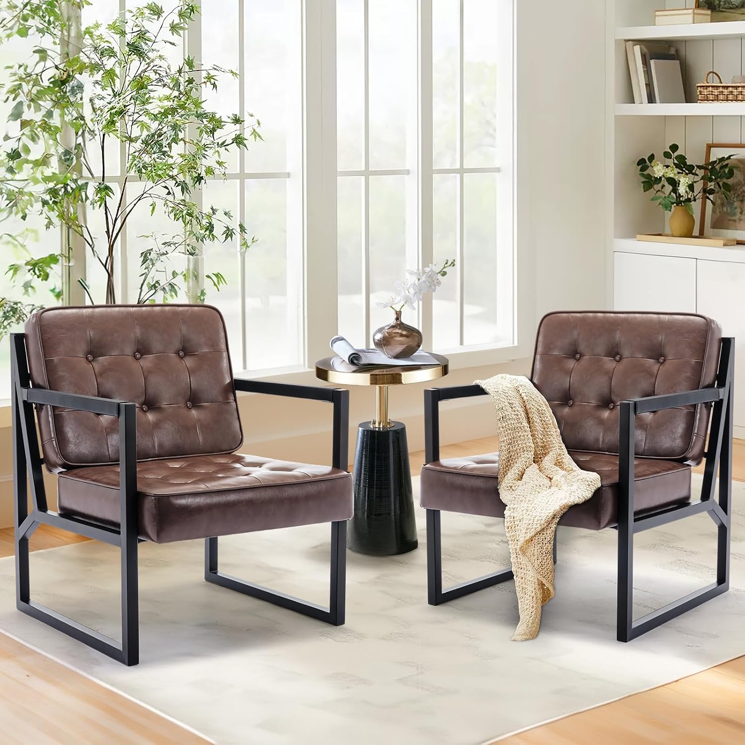 MALOL Mid Century Modern Accent Chair Set of 2, Comfy Living Room Chair, Brown Leather Accent Chair, Faux Leather Reception Armchair with Metal Legs for Living Room Bedroom Reception Office, Brown