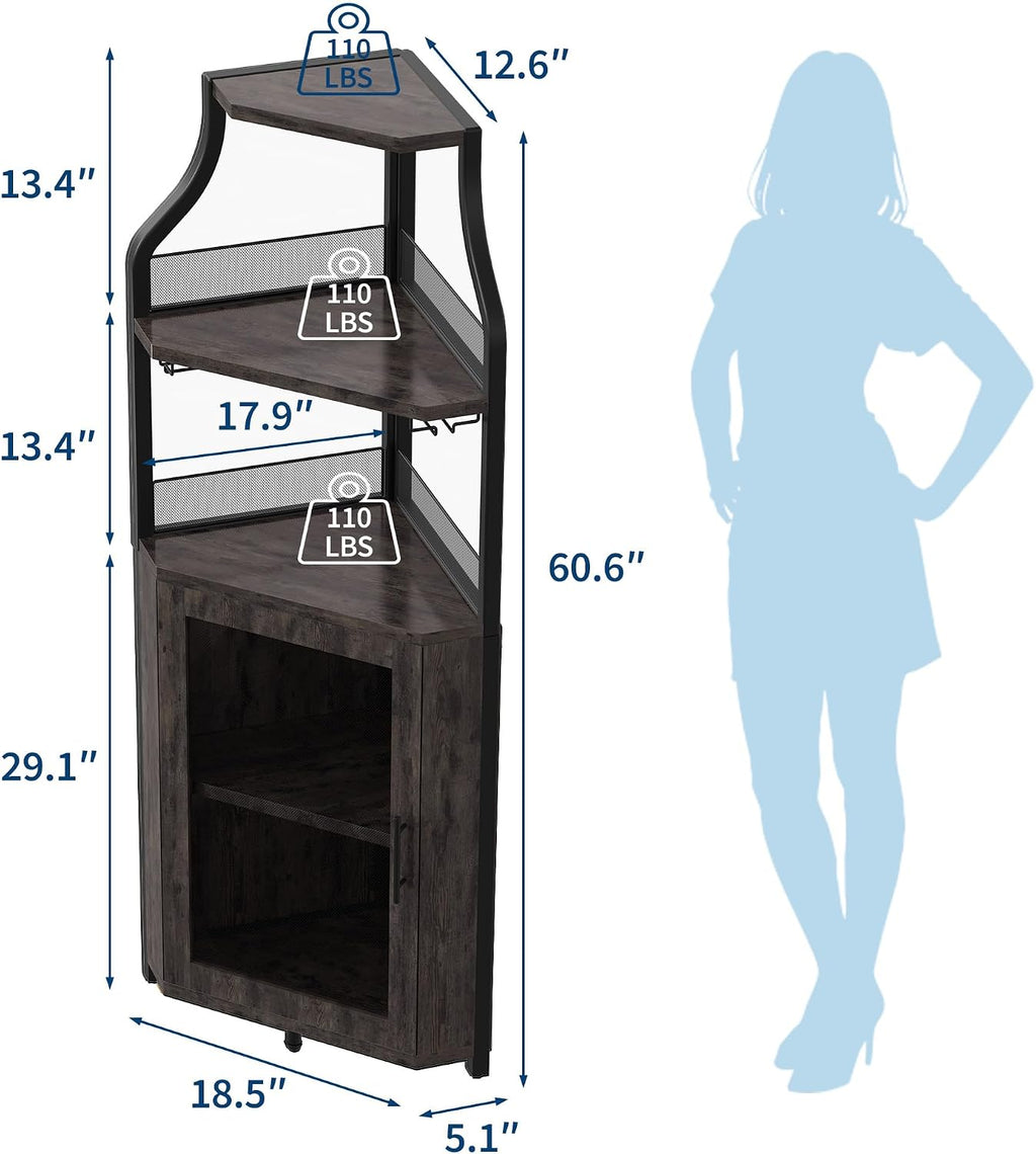 IDEALHOUSE Corner Bar Wine Cabinet with Glass Holder Wine Bar Rack Cabinet with Mesh Door & Glass Holder,Industrial Liquor Cabinet for Home, Kitchen, Dinning Room,Rustic Oak