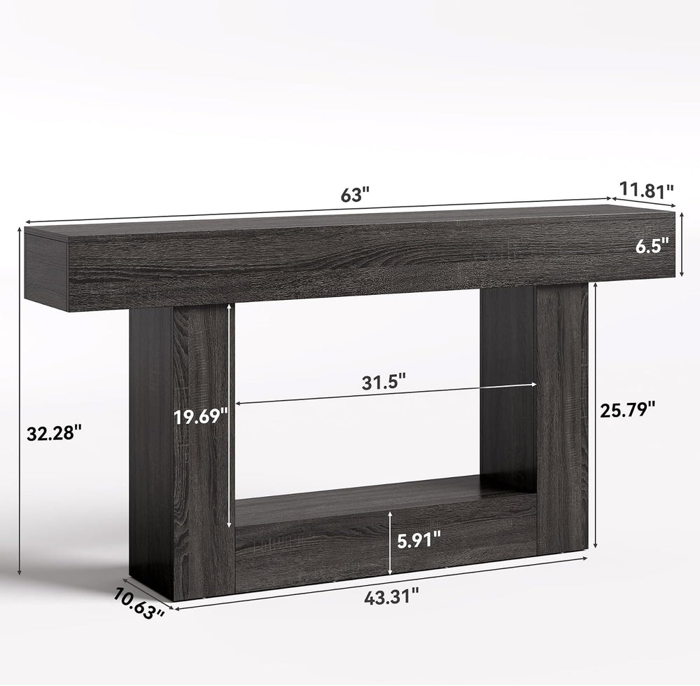 LITTLE TREE 63 Inches Long Console Table, 2-Tier Farmhouse Sofa Table Behind ...