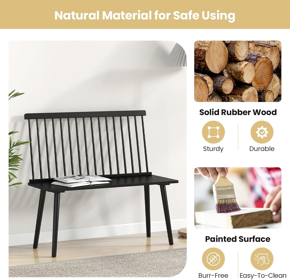 Giantex Dining Bench with Back, Black Windsor Bench with Spindle Back & A...