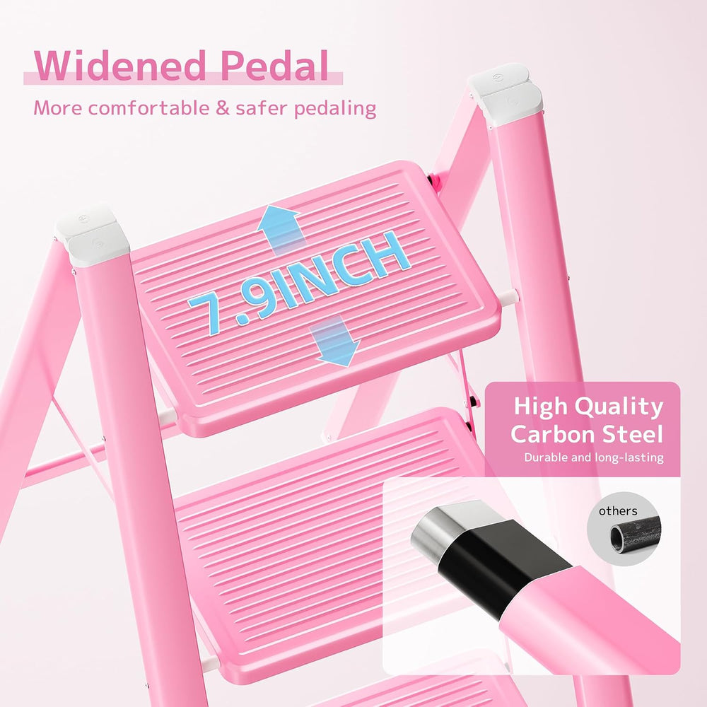 2 Step Ladder, Foldable Step Stool with Widened Pedal, Pink