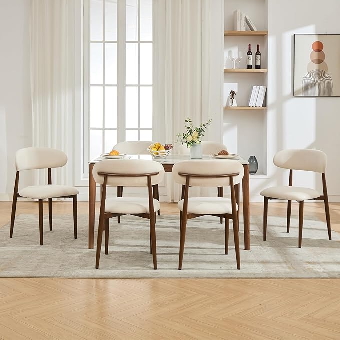 UVV Dining Chairs Set of 6, Metal Kitchen Chairs with Modern Fabric Upholstered for Dining Room, Beige