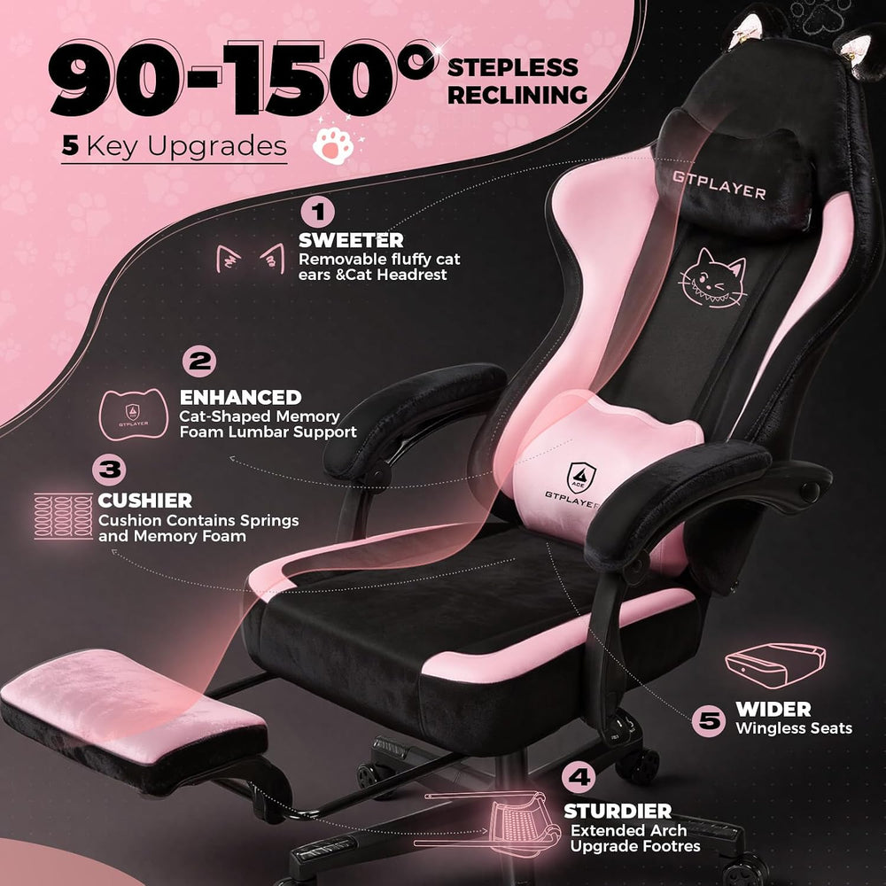 GTPLAYER Pink Gaming Chair Cute with Cat Ears Ergonomic Computer Chair with C...