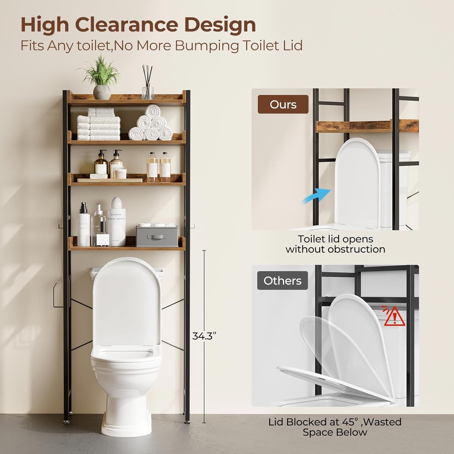 Rolanstar Over The Toilet Storage Rack, 3-Tier Bathroom Space Saver with Adjustable Shelves, Bathroom Organizer for Bathroom, Washroom, Rustic Brown
