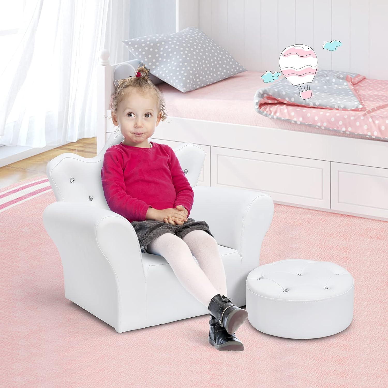 GLACER Kids Sofa with Ottoman, Kids White Couch with Embedded Crystal & PVC Leather, Upholstered Child’s Crown-Back Armchair, Baby Sofa Chair Seat Furniture, Princess Chair for Toddler Girls(White)