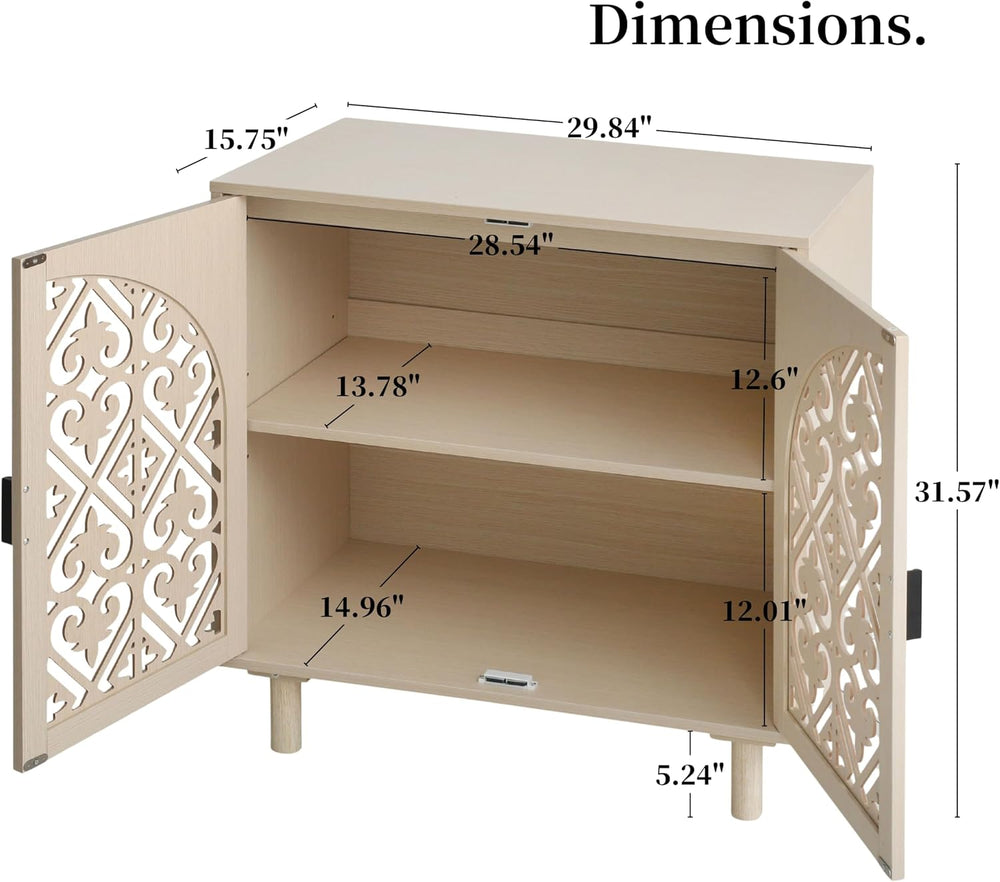 Decorative Storage Cabinet Sideboard with Hollow Carved Panels, 2 Doors, Natu...