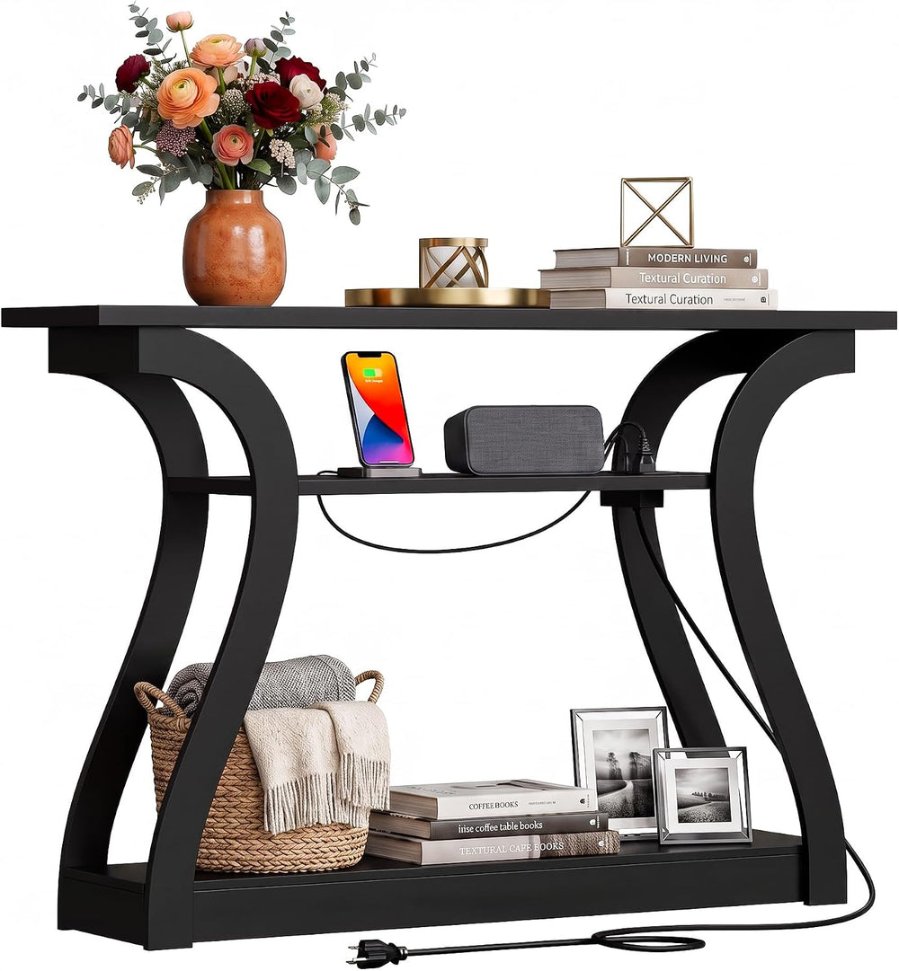 SUPER DEAL 47 in Wood Console Table with Charging Station, 3 Tier Narrow Entr...