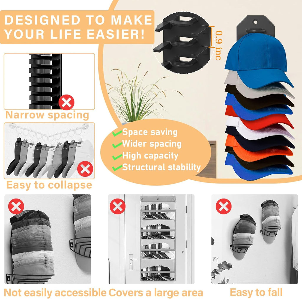2 Pack Hat Organizer for Baseball Caps,Hat Rack for Wall, Compact Hat Storage Display Holder,Hold Up to 20 Hats,Hat Hanger Strong Adhesive/Wall Drilled for Door,Bedroom,Closet