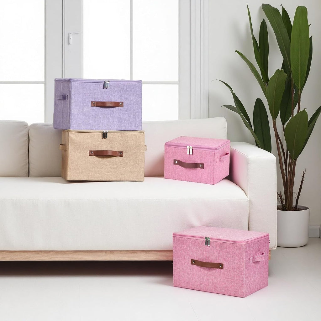 Storage Bins with Zipper Lids Decorative Lidded Baskets Boxes | Clothes Container, Closet Shelf Organizer, Foldable Washable, Cotton Linen Fabric, w/ PU Leather Handles, Pink, Small