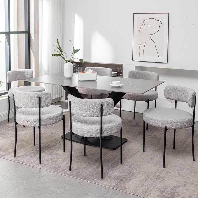 Boucle Dining Chairs Set of 6, Upholstered Dining Room Chairs with Black Metal Legs, Round Modern Dining Chair for Dining Room, Kitchen (Light Grey)