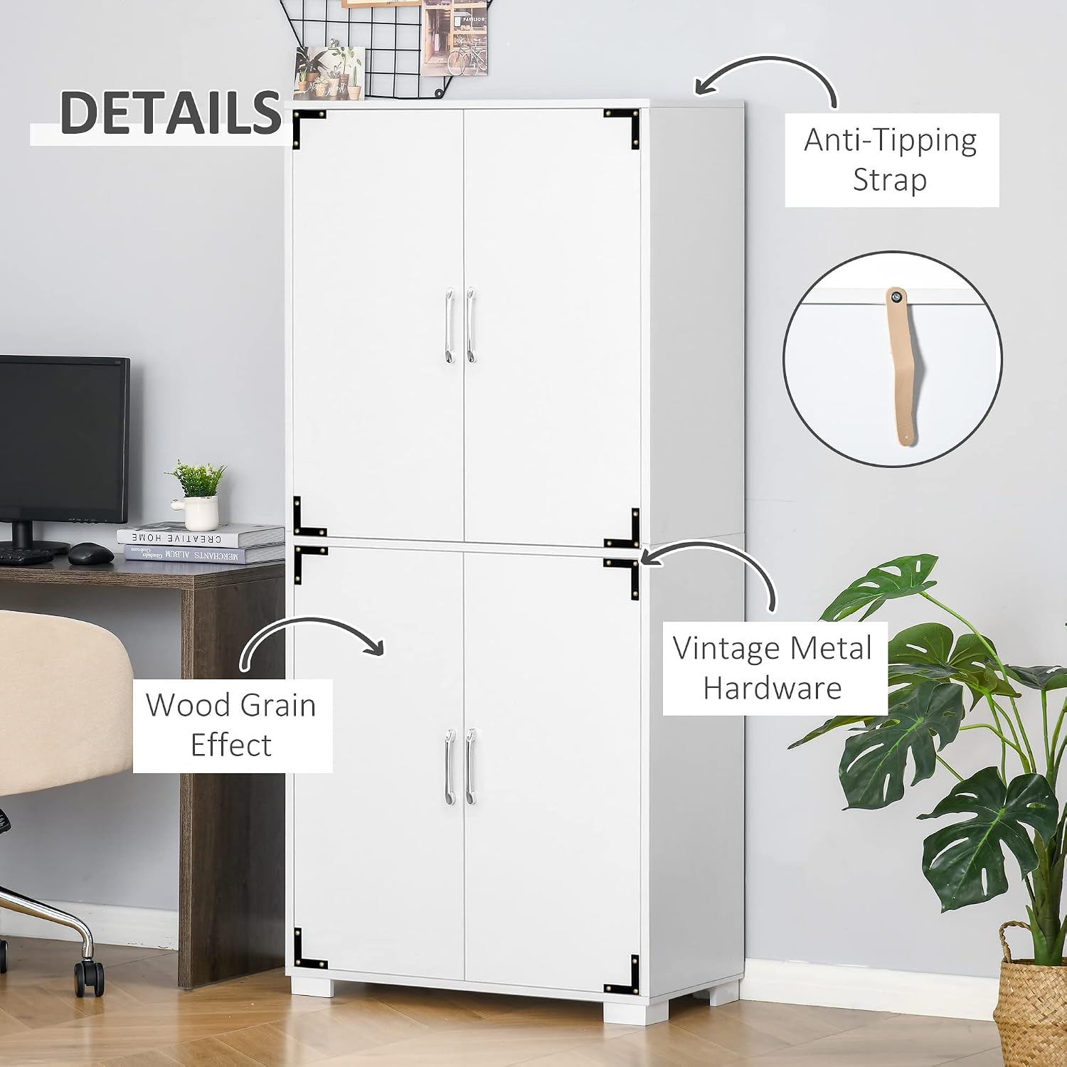HOMCOM Industrial Kitchen Pantry Cabinet with 4 Doors, White | Storage Shelves, Freestanding Storage Cabinet