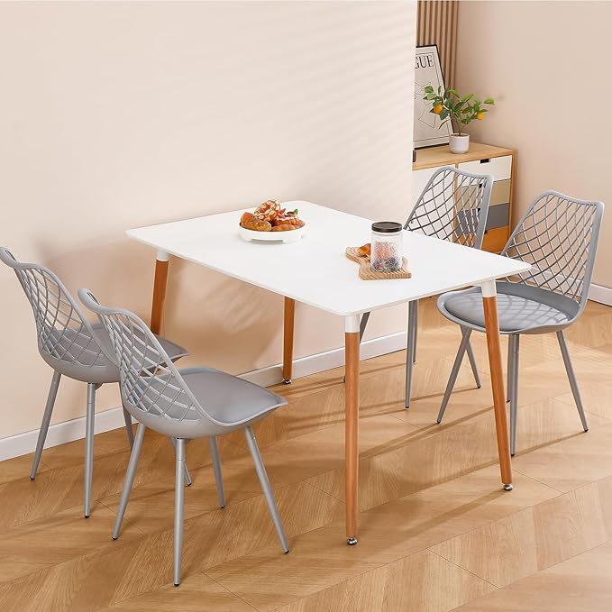 Mid Century Plastic Dining Chair Set of 4 - Padded Tulip Chairs for Kitchen Living Room Mesh Design - Simple Modern Side Chair with PU Cushion for Indoor Outdoor Bistro Patio Cafes -Gray