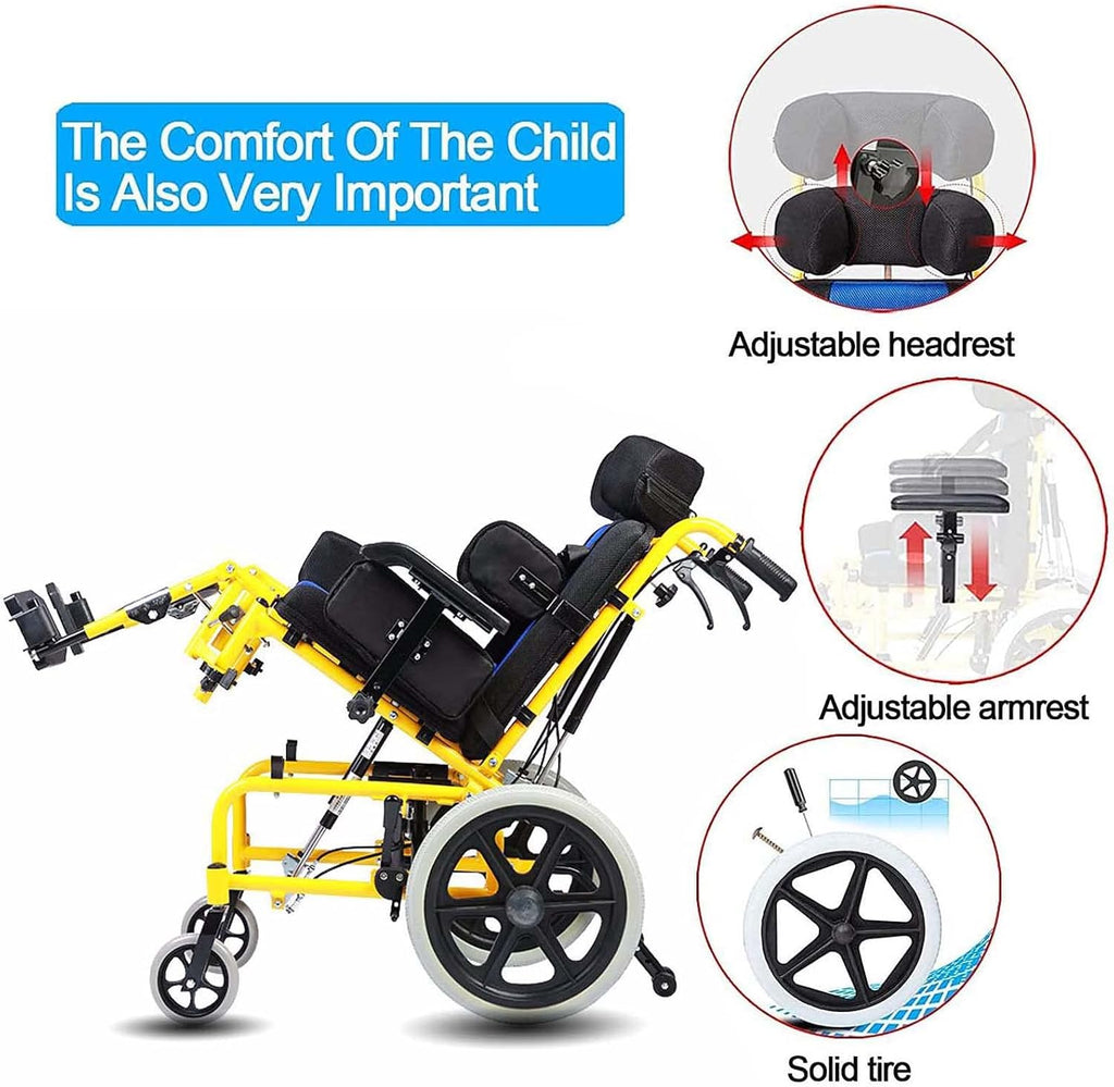 Kids Lightweight Folding Reclining Wheelchair with Adjustable Headrest - Full Lying Ergonomic Design Child Wheelchair, Armrest Height Adjustment, Sitting Position Control - Cerebral Palsy Wheelchair
