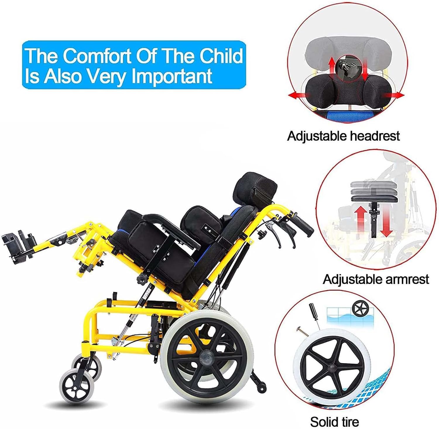 Kids Lightweight Folding Reclining Wheelchair with Adjustable Headrest - Full Lying Ergonomic Design Child Wheelchair, Armrest Height Adjustment, Sitting Position Control - Cerebral Palsy Wheelchair